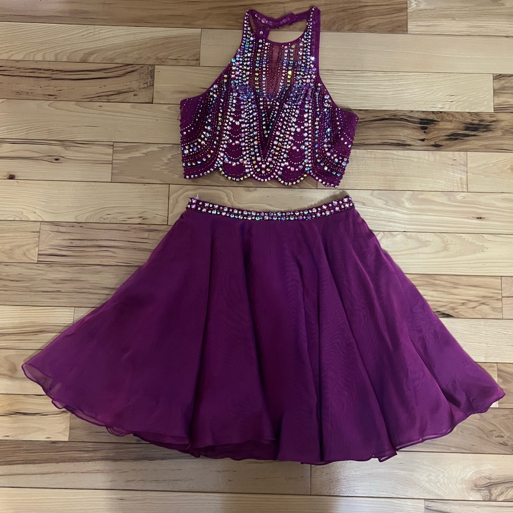 Ellie Wilde Magenta Embellished Skater Two Piece Prom Dress